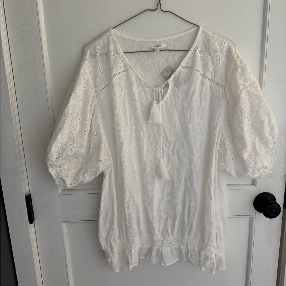 Maurice's White Women's Short Sleeve Blouse with Eyelet Sleeves